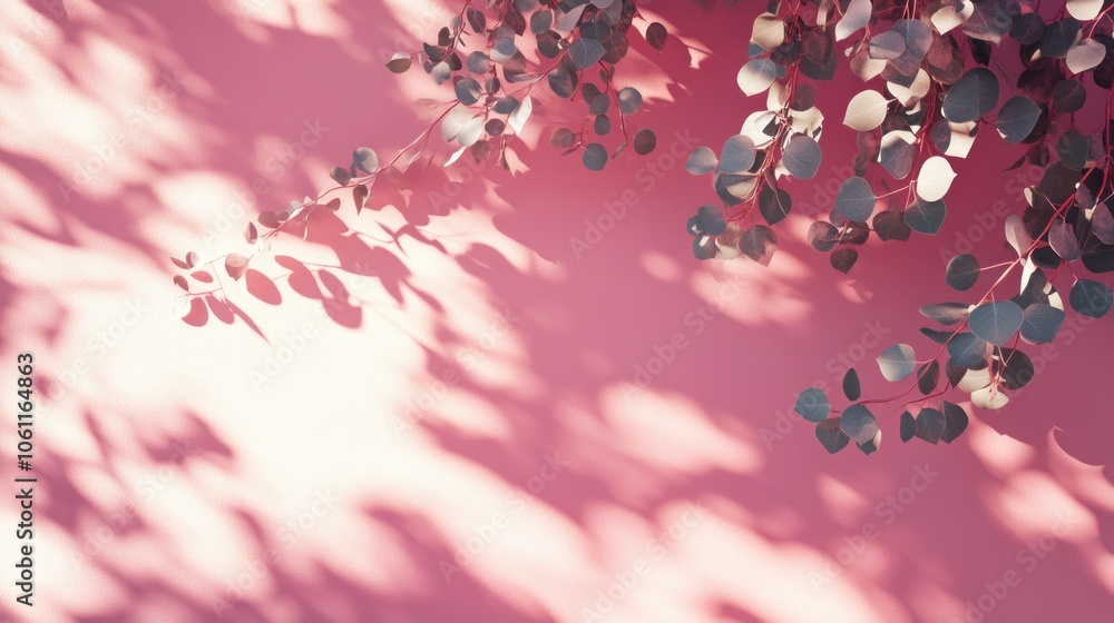Poster a soft pink background with delicate leaves casting shadows, creating a serene atmosphere.