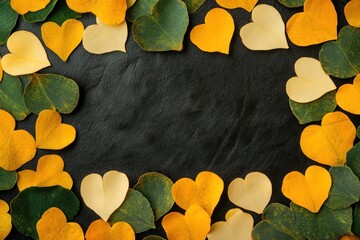 A decorative arrangement of heart-shaped and leaf-shaped leaves on a dark slate background.