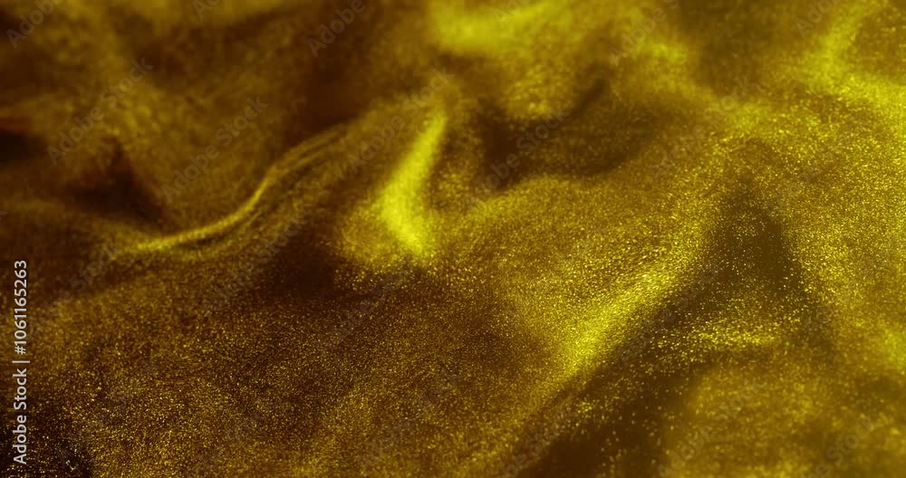 Poster golden glitter particles flowing and shimmering in a smooth motion across a dark background. dense, 