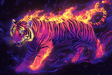 neon burning tiger illustration, black background, cartoon style