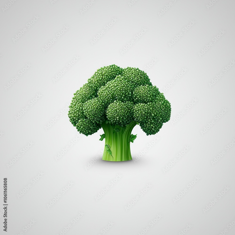 Poster artwork features clean and modern representation fresh broccoli floret highlighting its vibrant green color and simple geometric forms plain white background.
