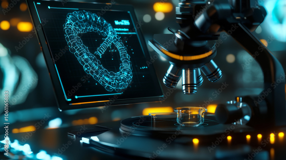 Poster close up of modern microscope displaying holographic dna sequencing, showcasing advanced technology 