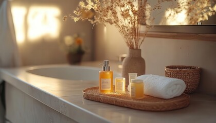 Self-care routine with vibrant skincare products, sleek bathroom, soft lighting, cozy atmosphere, neutral tones