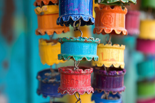 a colorful upcycled wind chime made from bottle caps and scrap materials.