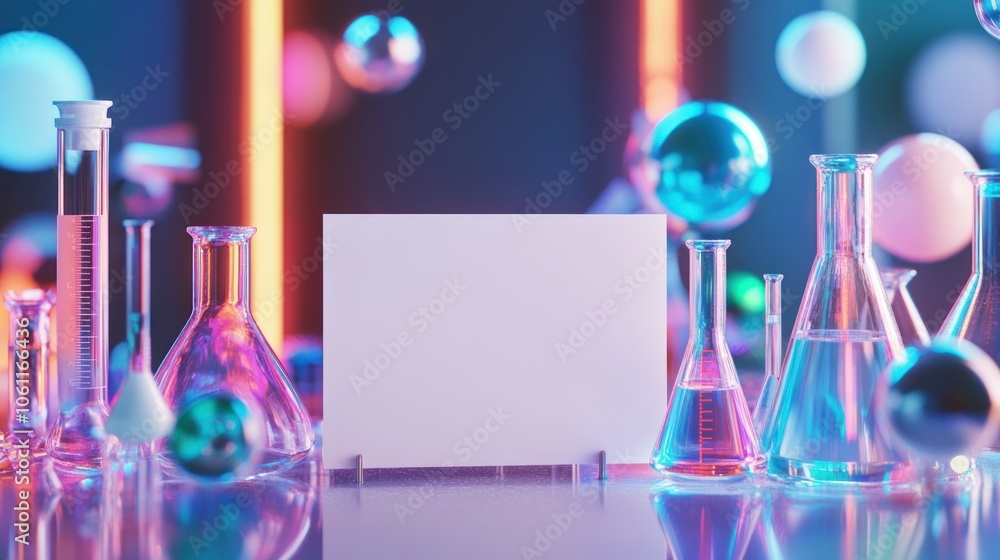 Poster colorful laboratory setup with glassware and a blank space for text or branding.