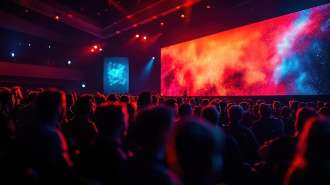 Tech conference presentation with vibrant screens and dynamic audience, soft lighting, modern design, high-energy vibe