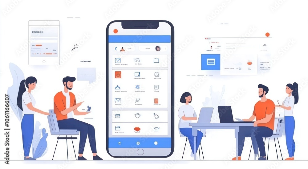 Poster illustration of a mobile app interface with people engaged in a collaborative workspace.