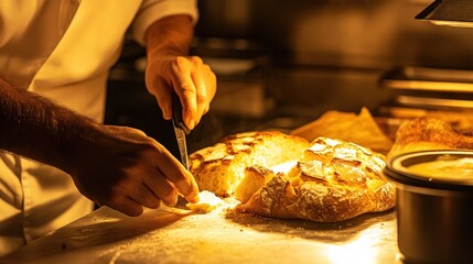 A chef slicing freshly baked bread in a warm kitchen setting.