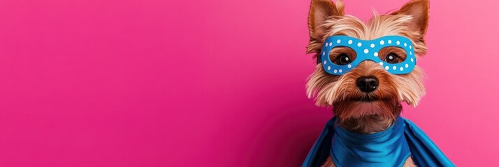 A dog wearing a blue superhero mask and cape against a pink background.