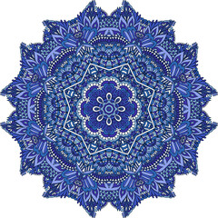 Intricate blue mandala pattern with floral and geometric designs
