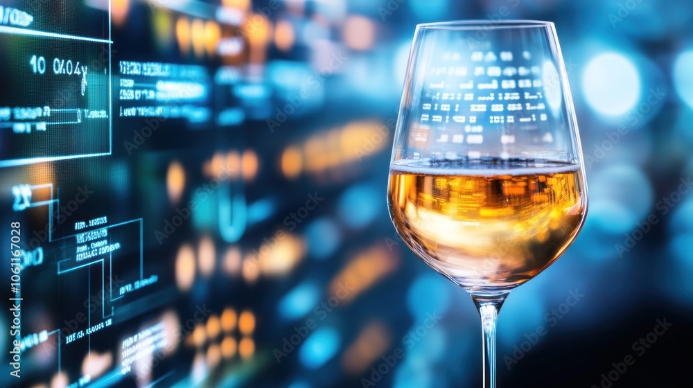 Poster a glass of wine in front of a digital interface with data visuals.