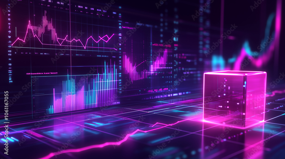 Poster A glowing pink cube sits on a digital surface with graphs and charts in the background