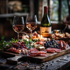 Wine and charcuterie pairing on a rustic table, vibrant lighting, soft textures, cozy atmosphere, gourmet style