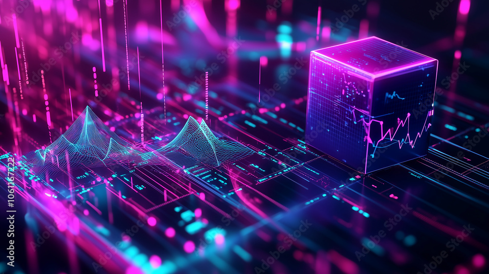 Aufkleber A glowing cube sits on a circuit board with abstract data visualizations in a futuristic setting