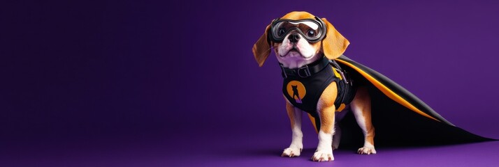 A dog dressed as a superhero in a colorful costume with a cape and goggles.