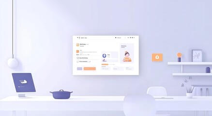 Obraz premium A minimalist workspace featuring a digital interface on a wall and a cooking pot.