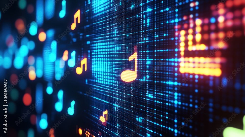 Poster abstract digital background featuring musical notes and vibrant light patterns.