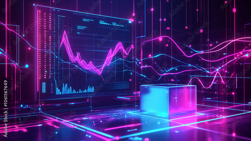 Aufkleber A glowing neon cube sits in a digital landscape with a chart displaying a fluctuating line graph