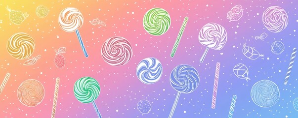 A colorful illustration of various candies and lollipops against a gradient background.