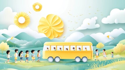 A cheerful scene depicting children boarding a yellow bus in a vibrant, paper-cut landscape.
