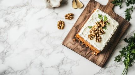 A beautifully decorated carrot cake on a cutting board with walnuts and fresh herbs.