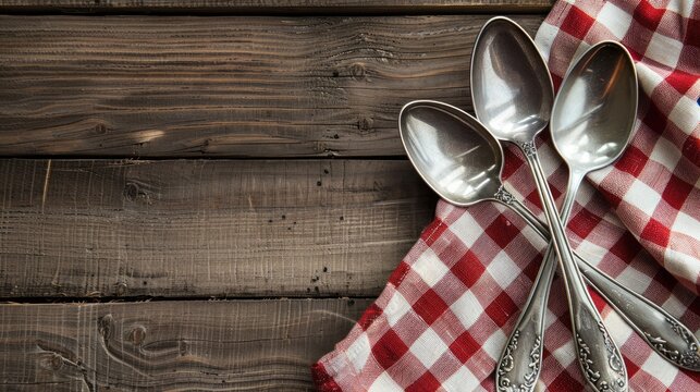 Spoons on checkered cloth on wood surface