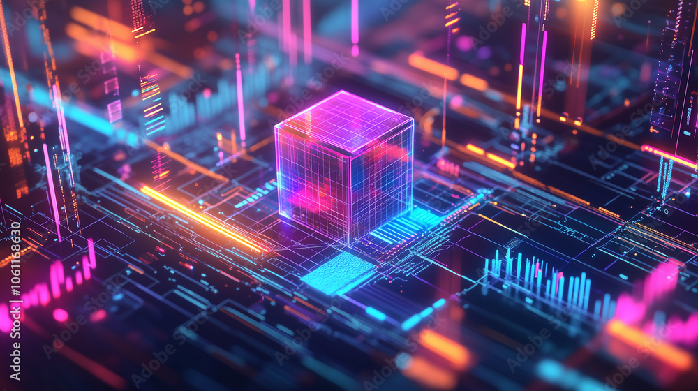 Poster a glowing cube sits on a circuit board with bright neon lines