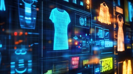Digital display of clothing designs and data visualizations for fashion technology.