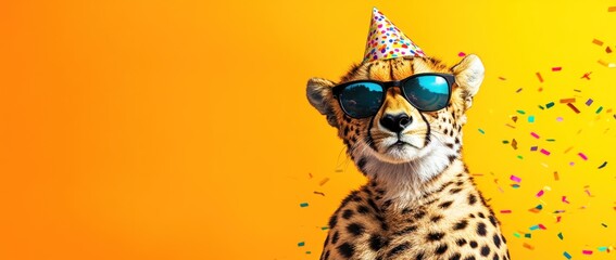 A cool cheetah wearing sunglasses and a party hat, set against a vibrant orange background.