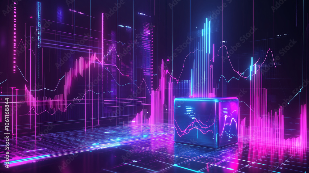 Poster a blue cube sits on a digital floor surrounded by neon pink and blue data graphs