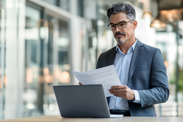 Fototapeta premium Focused Businessman Analyzing Documents Reviewing Important Papers with Laptop in Modern Office