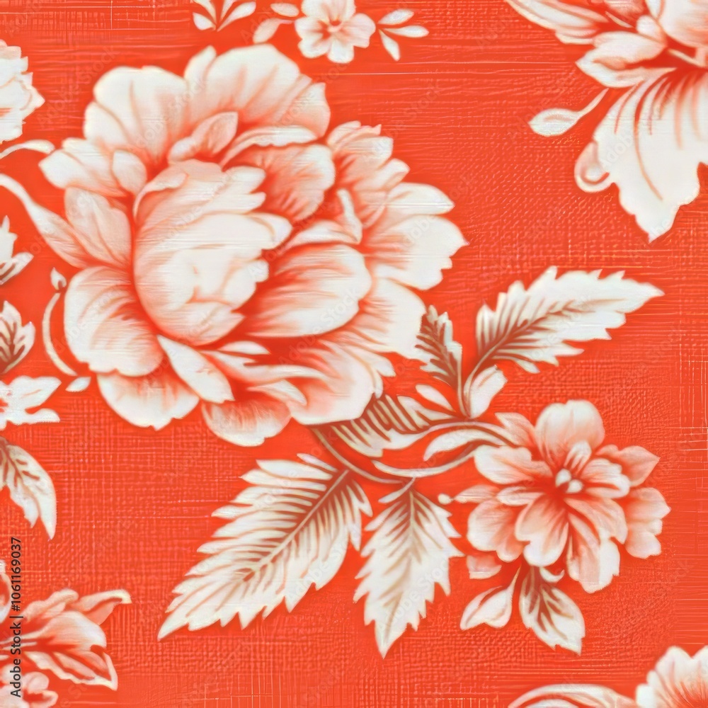 Wall mural White and peach floral pattern on an orange background.