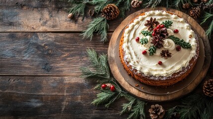 A festive cake decorated with pinecones and greenery on a rustic wooden table.