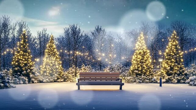 a christmas scene with a bench and trees. seamless looping time-lapse virtual 4k video animation background