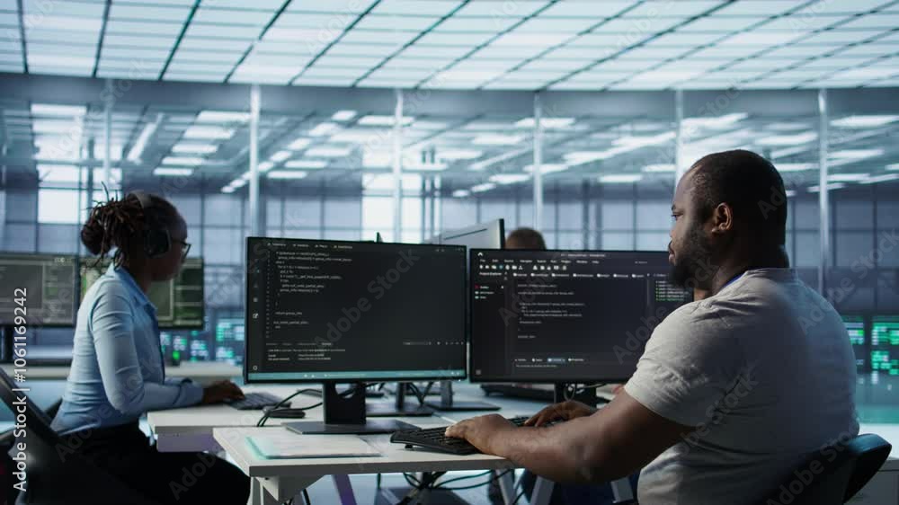 Poster sick it professional in server hub sneezing while shielding data from potential threats using pc. il