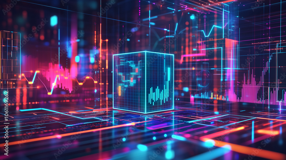Poster A glowing cube sits on a futuristic digital landscape, surrounded by lines of data and colorful graphs