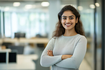 Obraz premium Confident Young Businesswoman Smiling with Arms Crossed in Modern Office