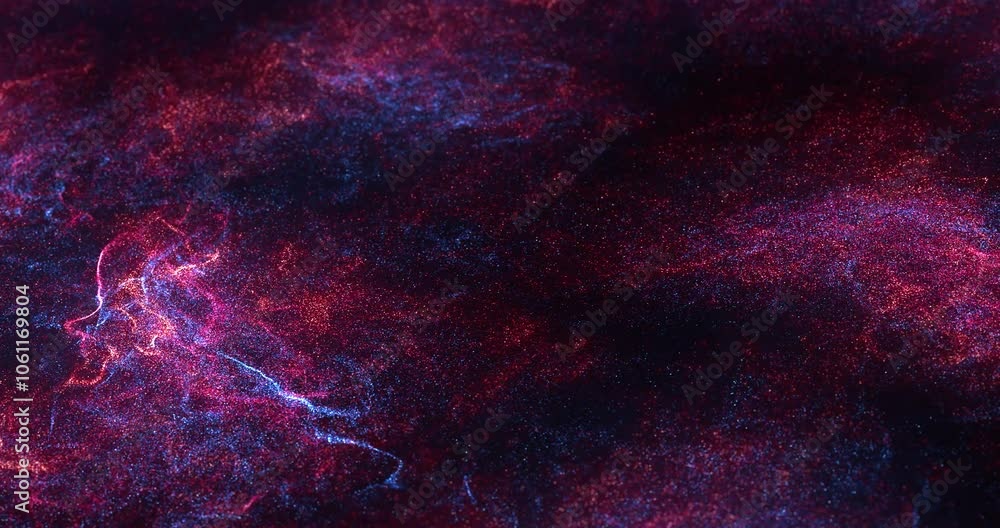 Poster abstract particle field featuring vibrant red and blue particles swirling and intertwining against a
