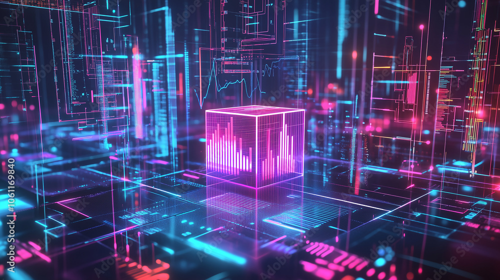 Poster A glowing cube sits in a digital landscape with lines of code, creating a futuristic aesthetic