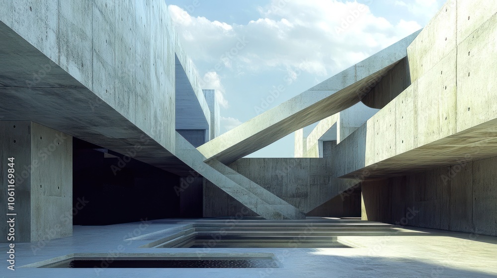 Poster a modern architectural space featuring abstract concrete structures and geometric forms.