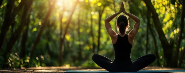Serene yoga practice in a sunlit forest setting