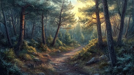 Obraz premium A serene forest path illuminated by soft sunlight, inviting exploration and tranquility.