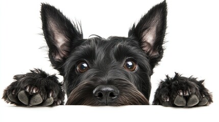 A close-up of a black dog with expressive eyes and paws resting on a surface.
