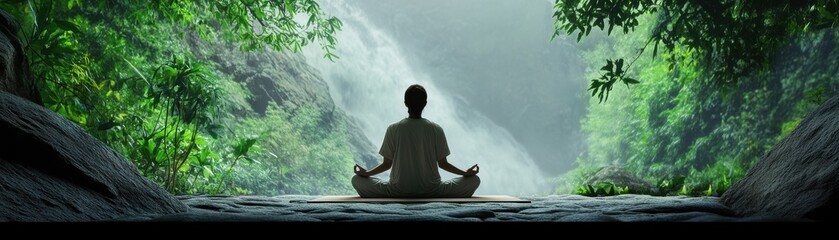 Serene meditation by a tranquil waterfall in lush nature