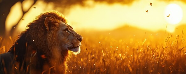 Naklejka premium Majestic lion basking in a golden sunset