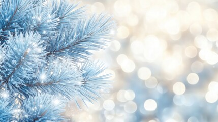 A close-up of frosted blue pine branches against a soft, blurred background of light.