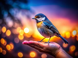 Closeup of a Small Bird on a Hand at Night with Soft Lighting Symbolizing Trust and Harmony in Nature
