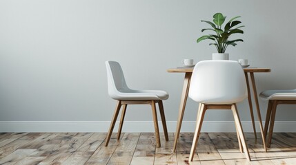 A chair in a modern minimalist interior space with vinyl wood flooring, with space gray walls.