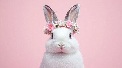 Obraz premium A cute white rabbit wearing a flower crown against a pink background.