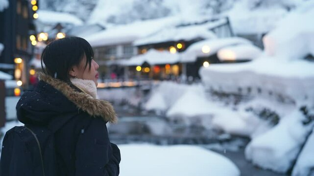 Asian woman looking beautiful nature in snow during travel at Ginzan Onsen hot spring ryokan area in Yamagata prefecture, Japan. People travel Japan landmark local village on winter holiday vacation.